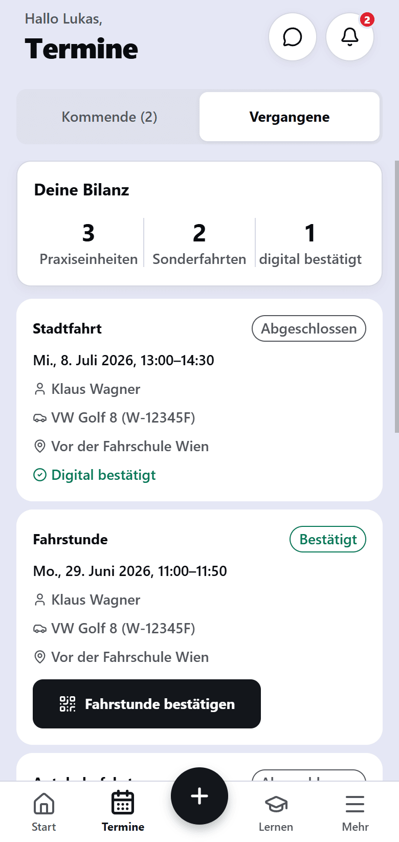 Termine in der FERB Schüler-App: persönliche Bilanz und absolvierte Fahrstunden mit digitaler Bestätigung