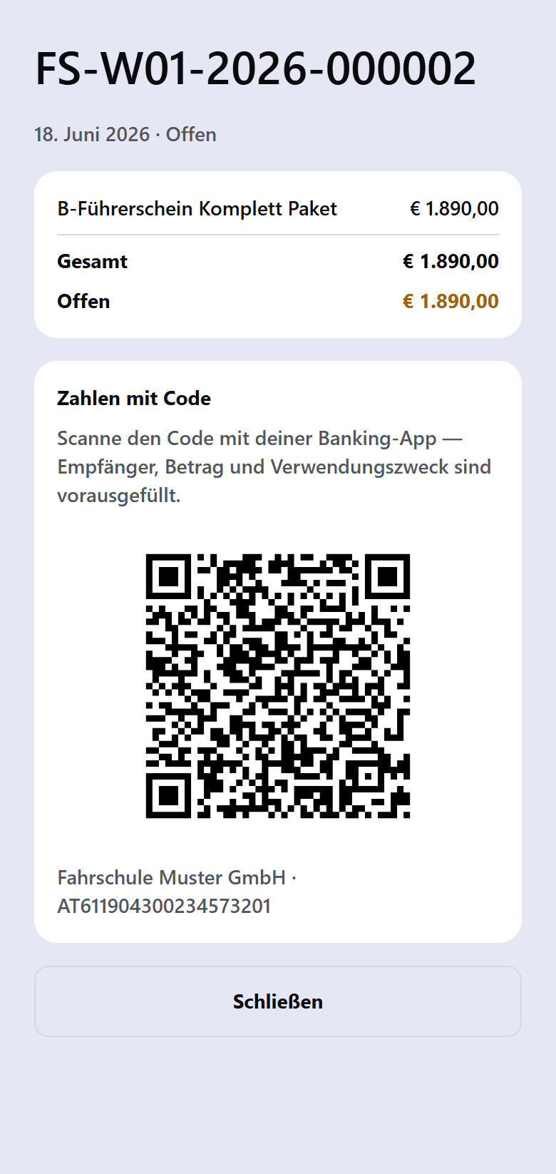 Rechnung in der FERB Schüler-App mit QR-Zahlcode für die Banking-App