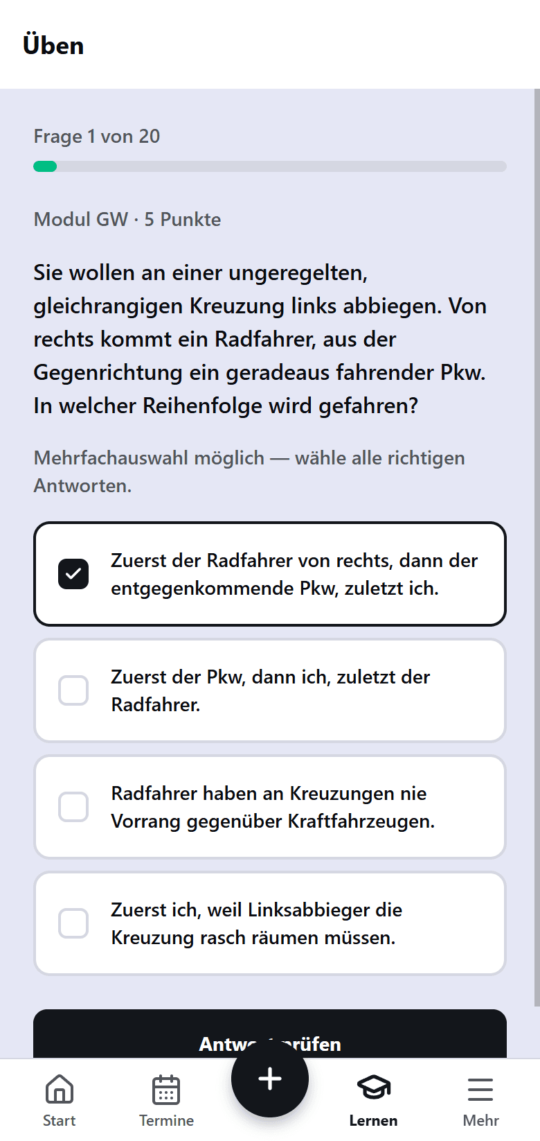 Lernen-Bereich der FERB Schüler-App: echte Theoriefrage mit Antwortoptionen