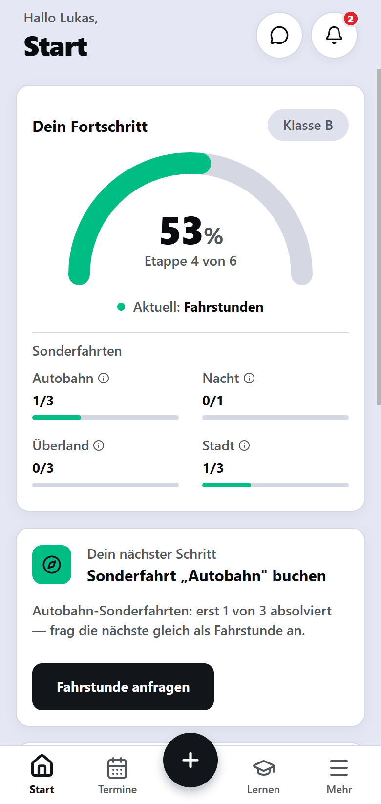 Start-Tab der FERB Schüler-App: Fortschritts-Anzeige mit 53 %, Sonderfahrten-Übersicht und nächstem Schritt